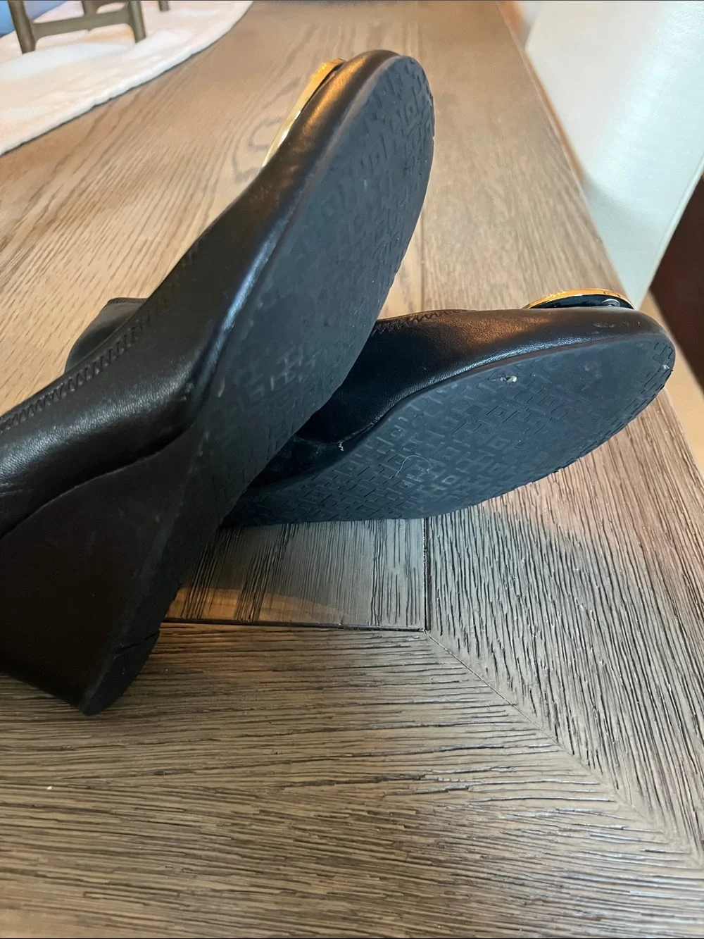 Tory Burch Black Leather Wedges with Gold Logo Medallions - Picture 7 of 8